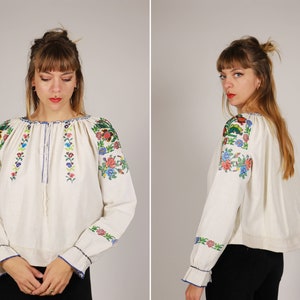 RARE - Antique 1910-1920s East European Beaded White Linen Blouse - Size S