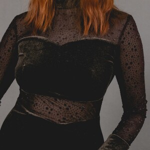 1970's Brown Maxi Velvet Dress - 70's Asian Cut Out Velvet and Mesh Dress - Size S image 9