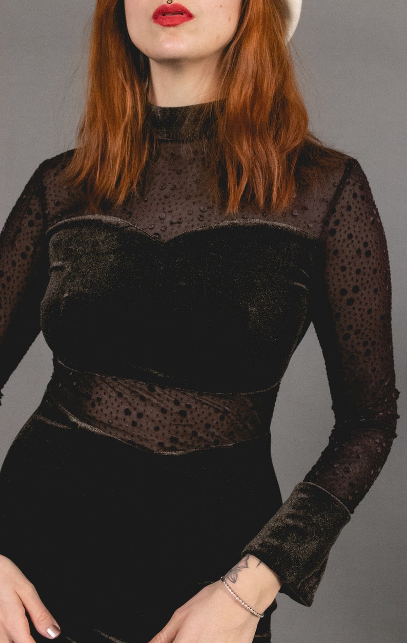 1970's Brown Maxi Velvet Dress - 70's Asian Cut Out Velvet and Mesh Dress - Size S image 9