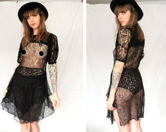 1920's-1930's English black Lace Dress - 30's Short ruffle Lace Dress - Size Xs / S