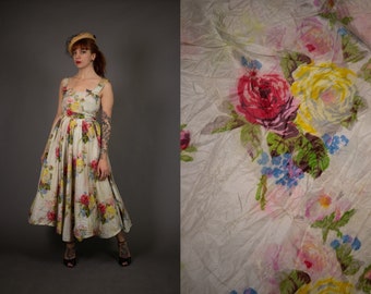 1940's Rayon Floral Summer Party Dress - 40's Huge Full Circle Light Blue and Pink Floral Dress - Size Xs