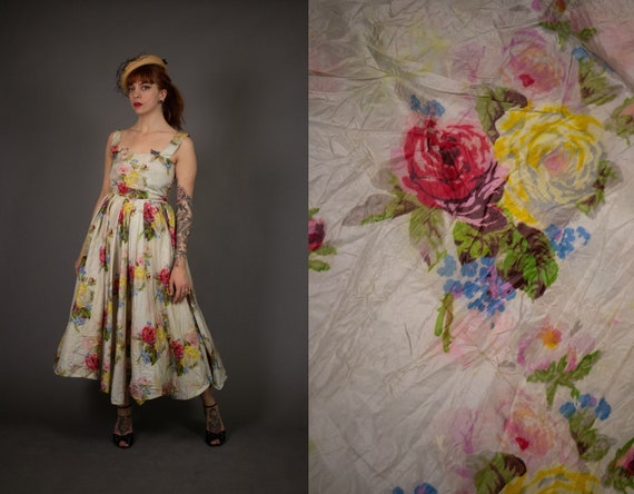 1940's Rayon Floral Summer Party Dress - 40's Hug… - image 1