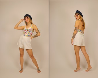 1940s Waffle Cotton Bikini Set, Floral Top & High Waisted Shorts, Size S