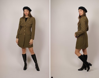 1990's DONNA KARAN Military Jacket - 90's Long Donna Karan New York Green and Gold Jacket - Size S