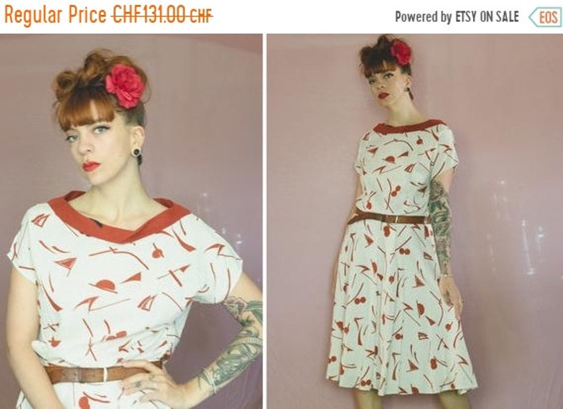 15/% 1950/'s Style Novelty Linen Dress 80/'s Swiss Linen Dress Size M to L ON SALE