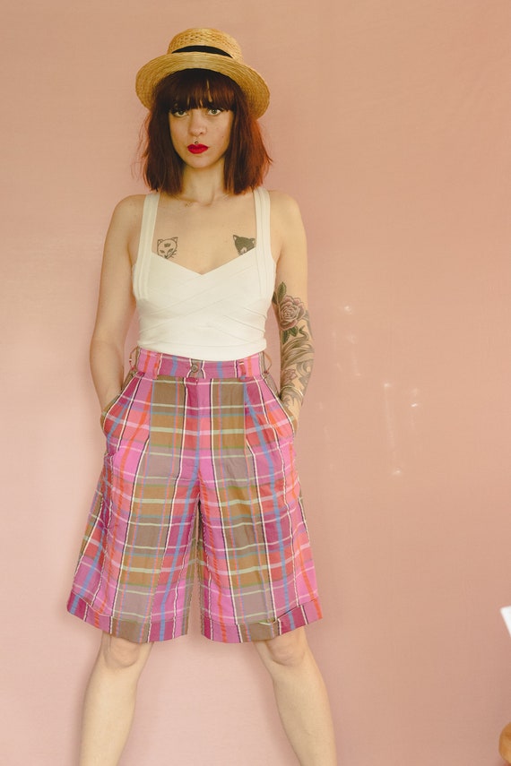 1990's Colorful Checked High waisted shorts - 90's Pl… - Gem