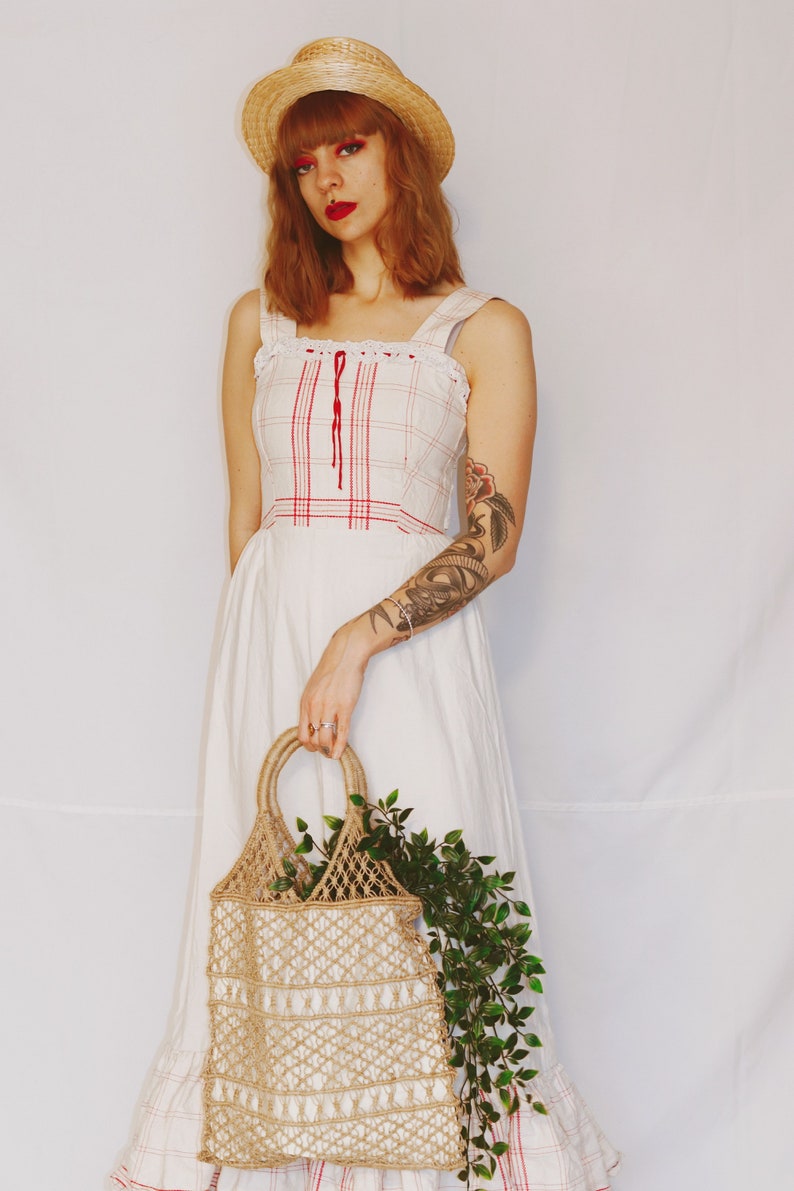 15/% 1970/'s Peasant Edwardian Linen Summer Dress 70/'s Long White and Red Linen Dress ON SALE