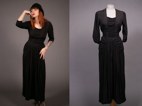 1930's Black Rayon Evening Dress - 30's Long Black