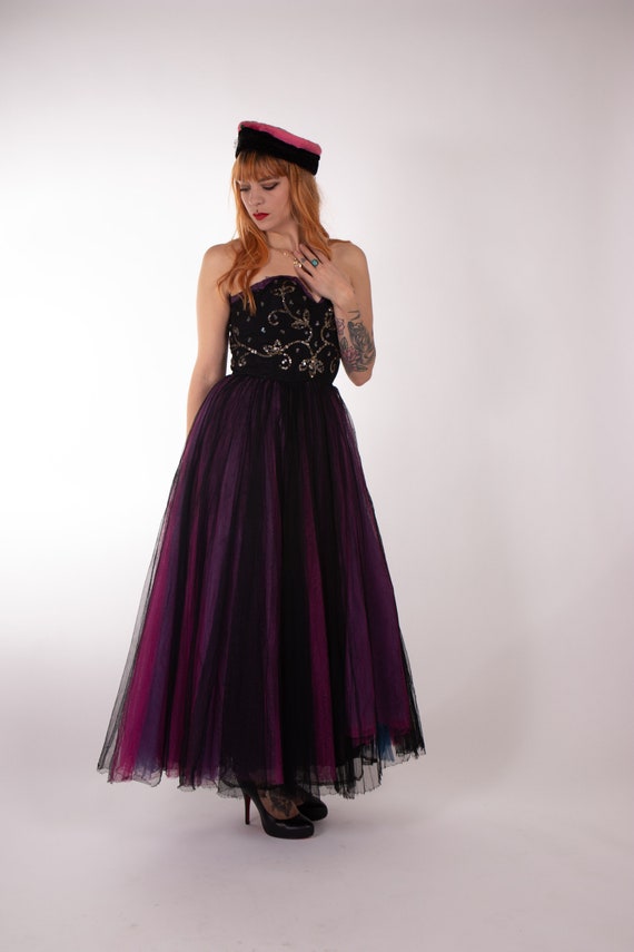 1940s Evening Embroidered Tulle Bustier Dress - 4… - image 3