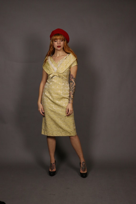 1950s Beige Yellow Cocktail Dress - Size S - image 6