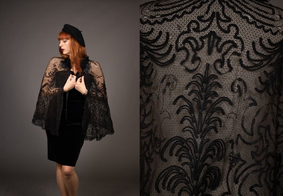 Victorian Lace and Silk Cape - 1800's Black Opera