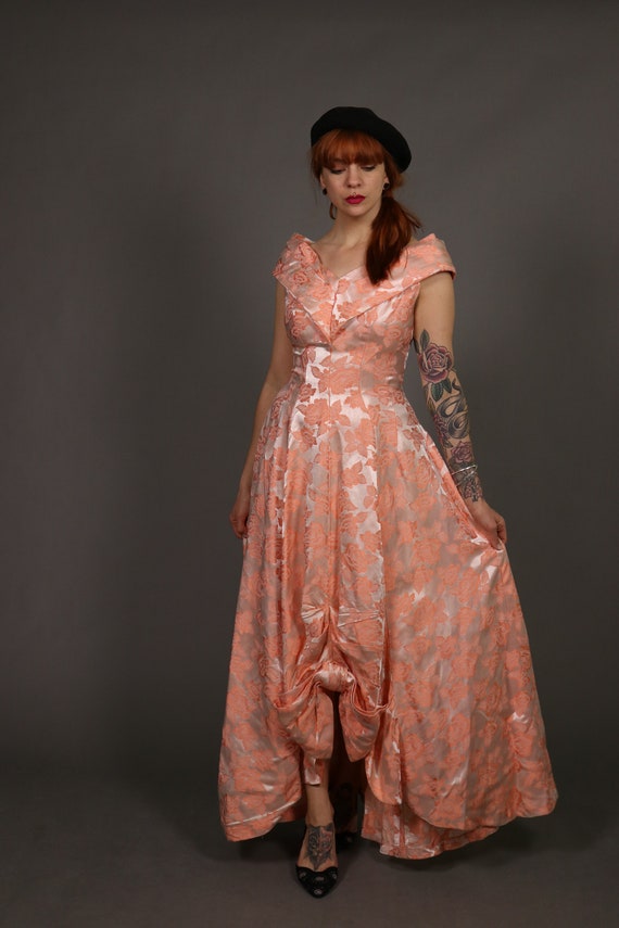 1940's Peach Floral Evening Dress -40's Jacquard … - image 9