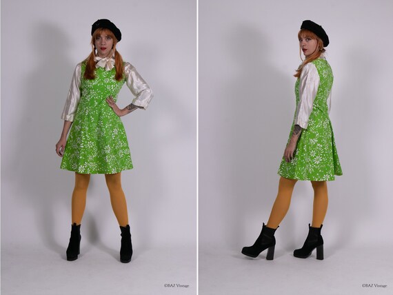 1960s White and Green Cotton A-Line Dress - Size S