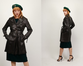 1970s Brown Leather Trench Coat - Fall Trench Coat - Size S
