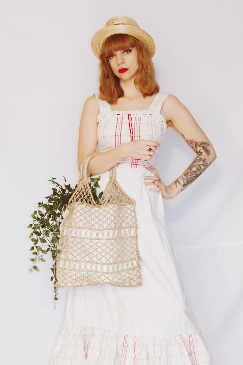 15/% 1970/'s Peasant Edwardian Linen Summer Dress 70/'s Long White and Red Linen Dress ON SALE