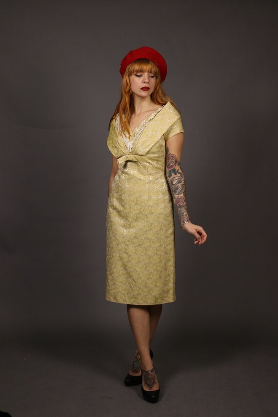 1950s Beige Yellow Cocktail Dress - Size S - image 3