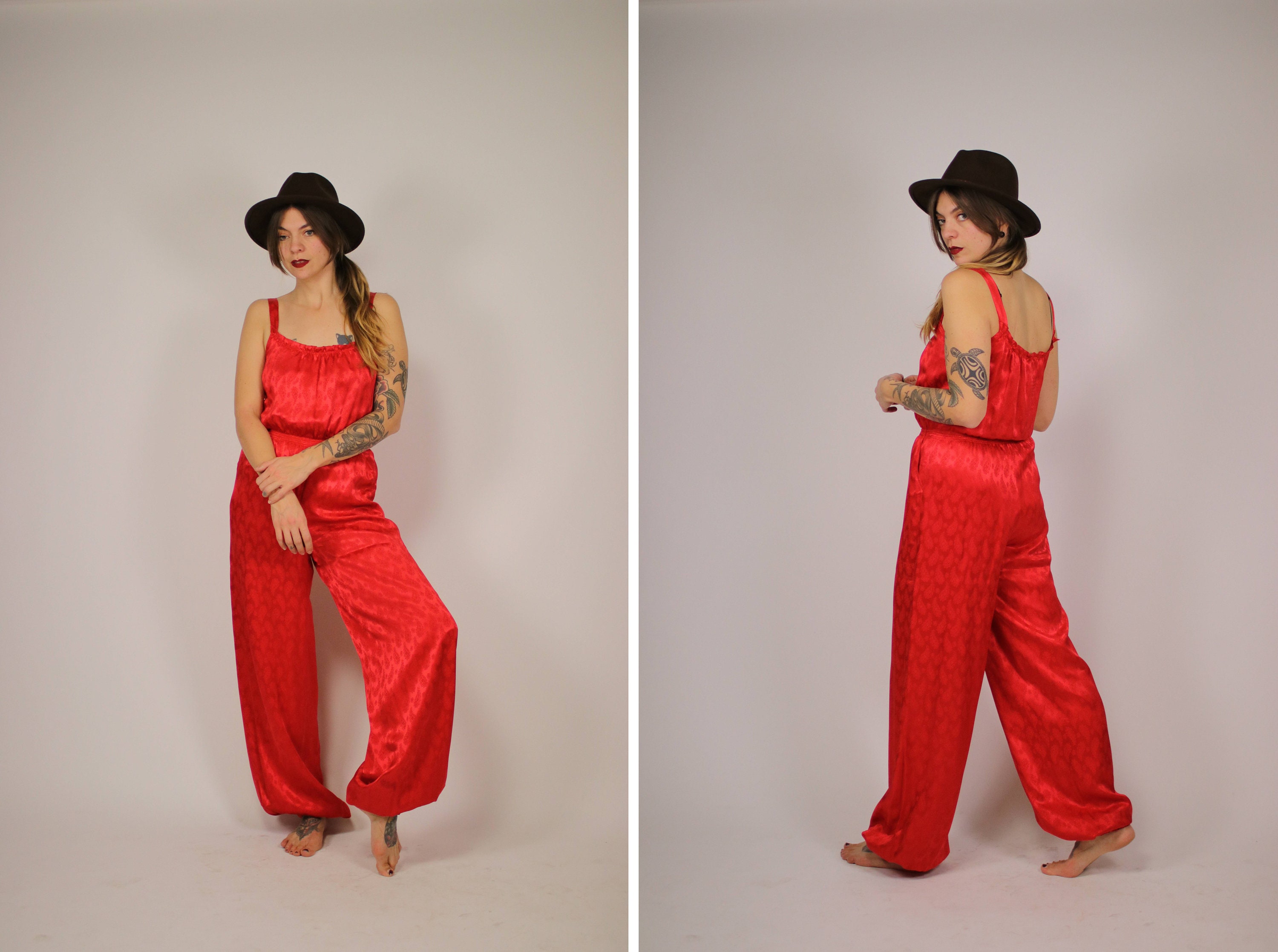1960s Red Brocade Satin Jumpsuit - Size S (with pockets!)