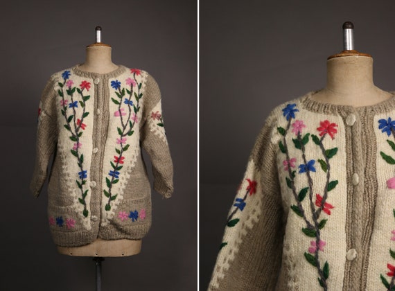 1940's Wool Floral Embroidered Cardigan - 40's Flo