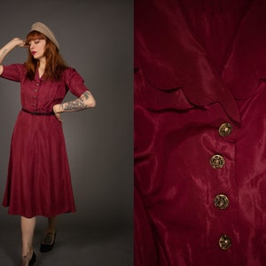 1940&#39;s Red Scalloped Dress - 40&#39;s Red Rayon Dress - Size S