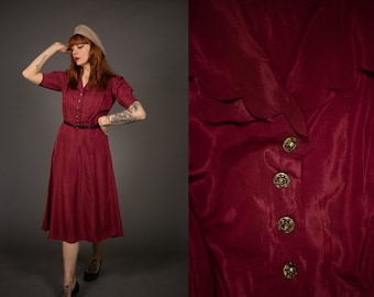 1940's Red Scalloped Dress - 40's Red Rayon Dress - Size S