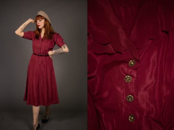 1940's Red Scalloped Dress - 40's Red Rayon Dress