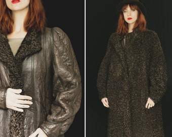 1940's Reversible Winter Leather Coat - 40's Long Curly Lamb Coat - 1940's Brown Leather and Sheepskin Coat - Size M/L