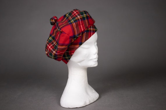 1960's Tartan Wool Beret - 60's Red Scottish Plaid