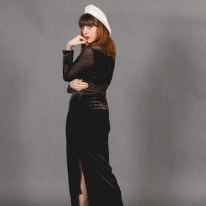 1970's Brown Maxi Velvet Dress - 70's Asian Cut Out Velvet and Mesh Dress - Size S image 8