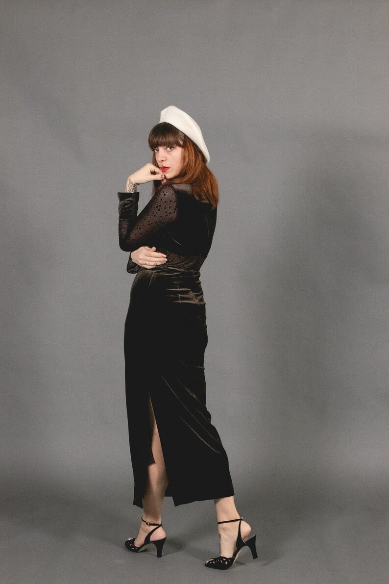 1970's Brown Maxi Velvet Dress - 70's Asian Cut Out Velvet and Mesh Dress - Size S image 8