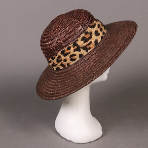 vintage Brown Straw Hat with Leopard Band - 80&#39;s Brwon and Leopard Summer Straw Hat