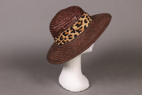 vintage Brown Straw Hat with Leopard Band - 80's B