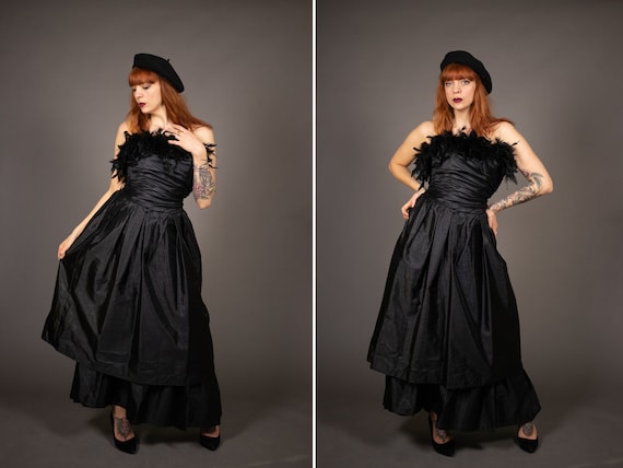 1980's MUREK Black Boa Bustier Dress - 70's Boa Bu