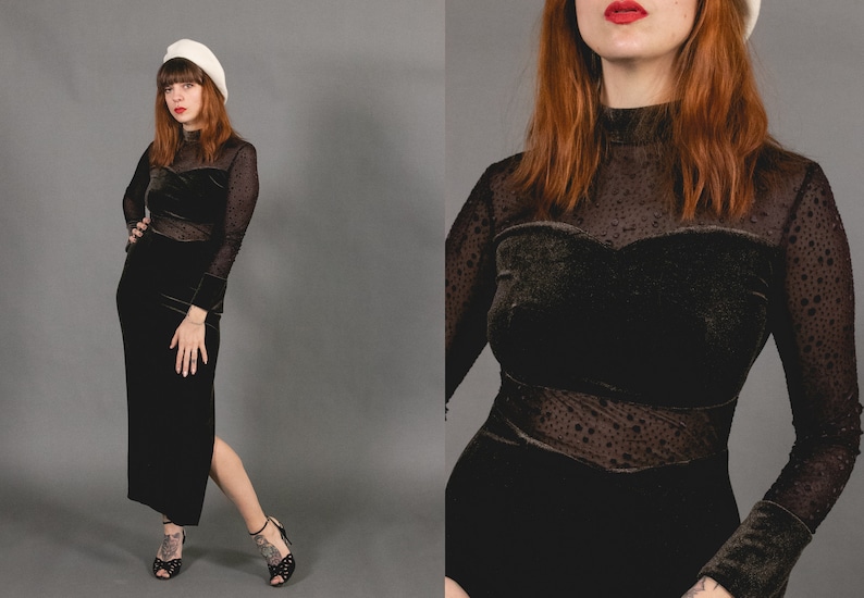 1970's Brown Maxi Velvet Dress - 70's Asian Cut Out Velvet and Mesh Dress - Size S image 1