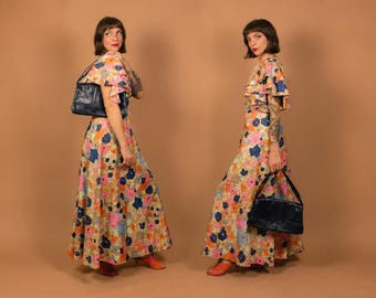 1970s Ruffled Floral Maxi Dress - Size S/M