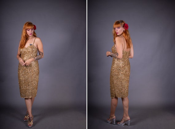 vintage Glam Dress - Black Tie Gold Beaded Silk Dr