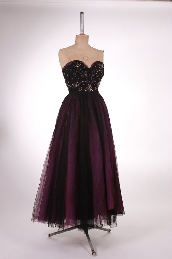 1940s Evening Embroidered Tulle Bustier Dress - 4… - image 6