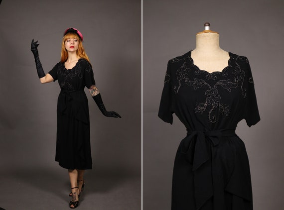 1930's Black Rayon Beaded Dress - 30's Black Eveni