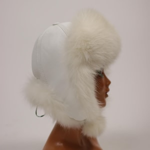 1960s Winter Leather and Fur Chapka Hat - 60s White Leather and Fox Fur Hood Hat