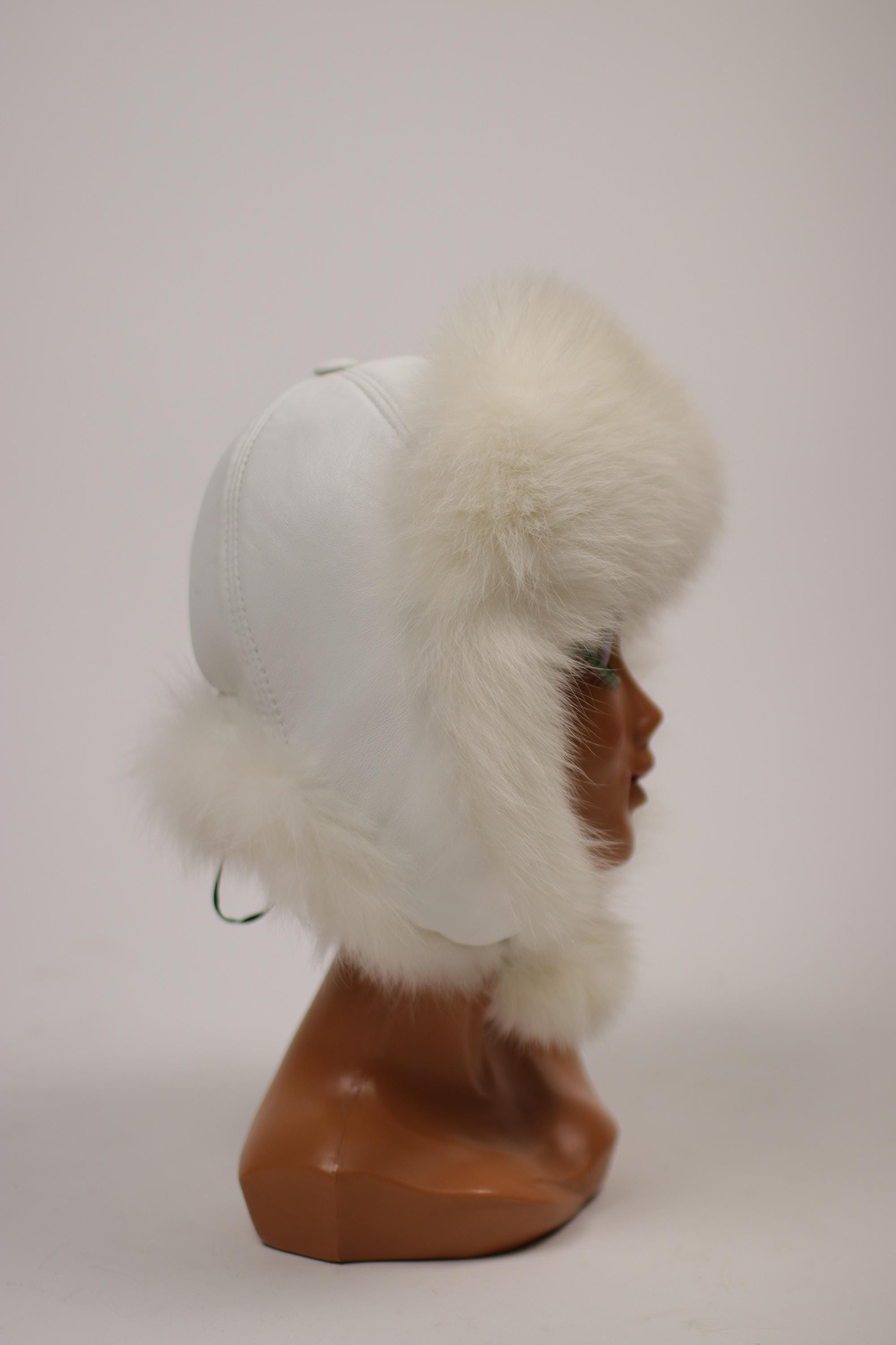 1960s Winter Leather and Fur Chapka Hat - 60s White Leather and Fox Fur Hood Hat