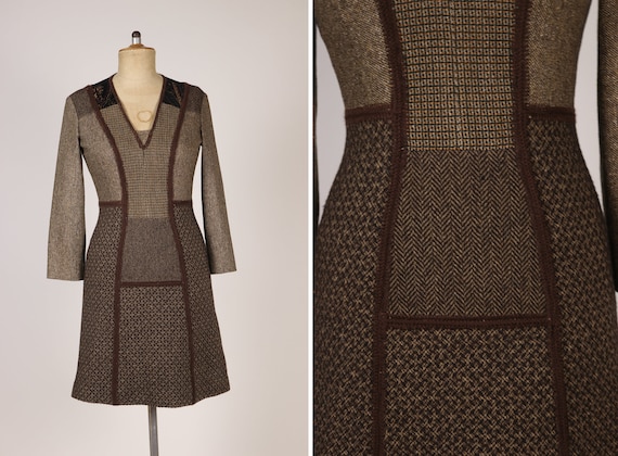 Vintage ETRO Brown Wool Patchwork Dress - Size S - image 1
