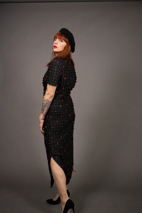 Late 1950's Black and red 3D Roses Maxi Dress - S… - image 6