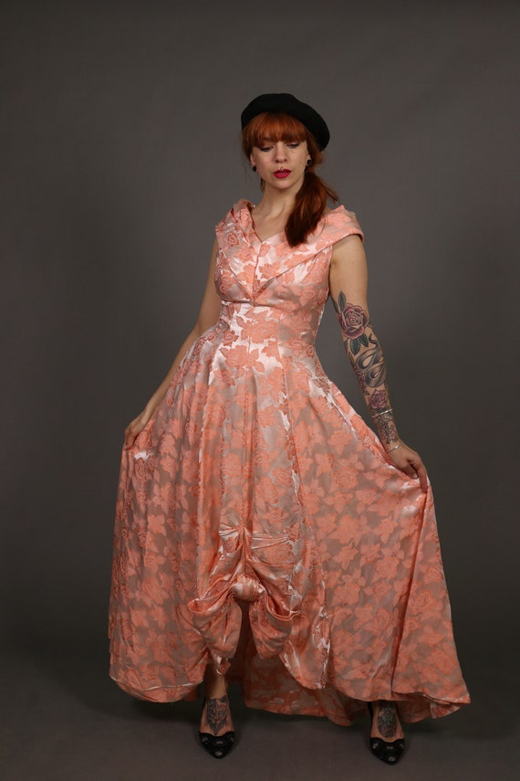 1940's Peach Floral Evening Dress -40's Jacquard … - image 3