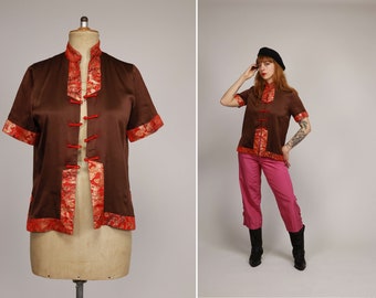 Giorgio Granz Brown and Red Silk Chinese Blouse - Size Eu38