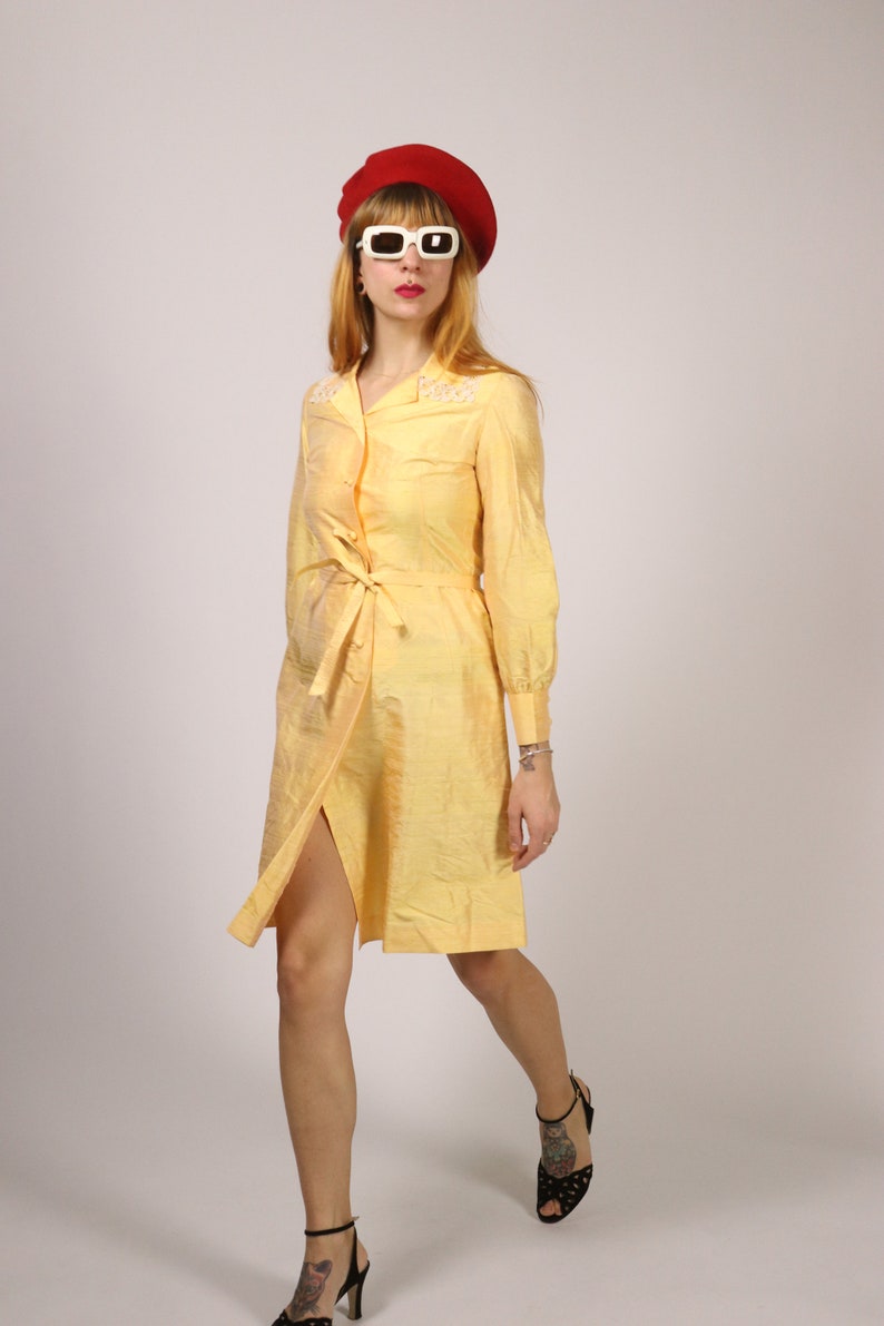 1960's Yellow Raw Silk ress 60's Silk Dress Size S image 4