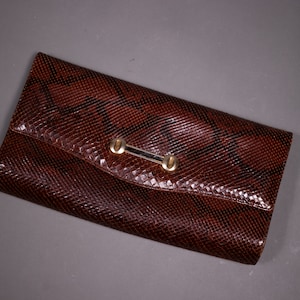 1950&#39;s Brown Snakeskin Clutch / 50&#39;s Brown Python Bag