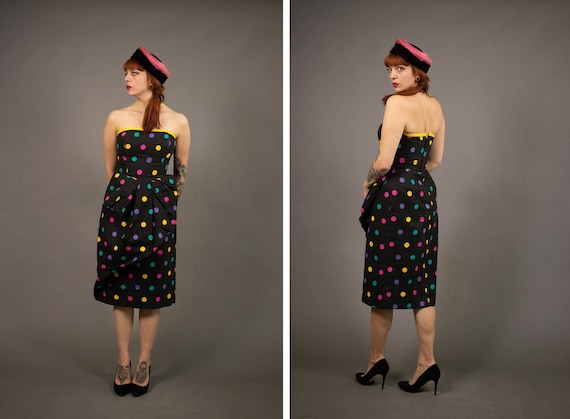 1980's VICTOR COSTA Bustier Dress - Polka Dot Colo