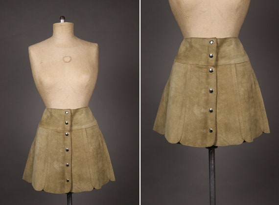 1960's High Waisted mini Leather Skirt - 60s Tan S