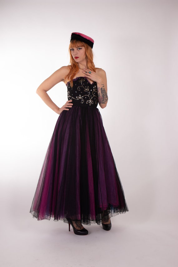 1940s Evening Embroidered Tulle Bustier Dress - 4… - image 4