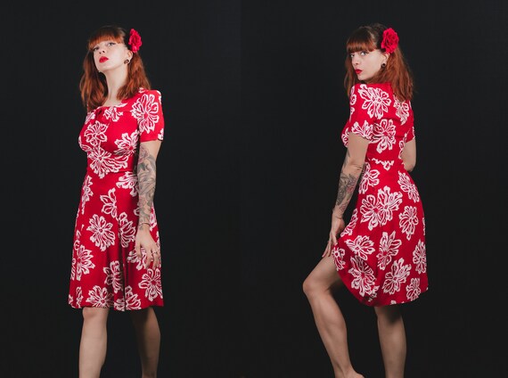 RARE! 1940's White and Red Hawaiian Rayon Dress -