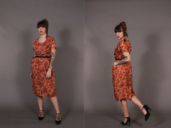 1950's Orange Floral Shift Dress - 50's Orange Poc